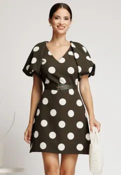 Rochie scurta kaki din stofa cu buline si curea in talie imagine