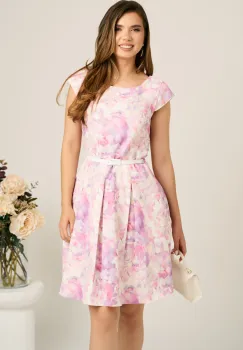 Rochie scurta lila cu flori in clos cu buzunare si curea in talie imagine