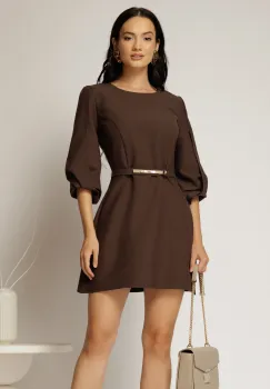Rochie scurta maro din stofa cu maneci bufante si curea in talie imagine
