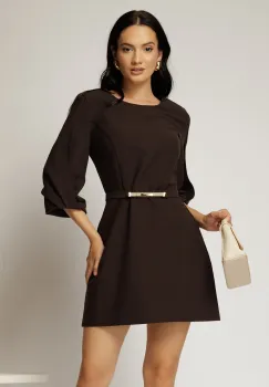 Rochie scurta maro inchis din stofa cu maneci bufante si curea in talie imagine