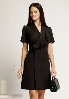Rochie scurta neagra din stofa tip sacou cu volan si doua randuri de nasturi imagine