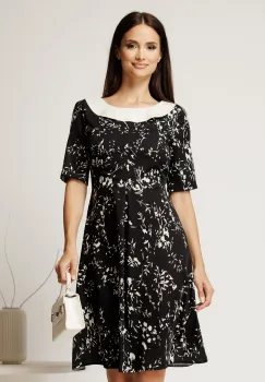 Rochie scurta neagra din triplu voal cu imprimeu alb si curea in talie imagine