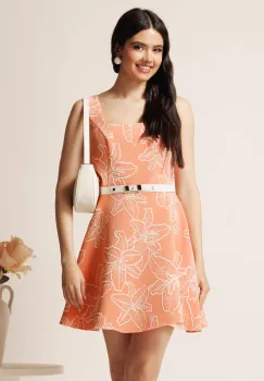 Rochie scurta orange in clos cu model floral 3D si curea in talie imagine