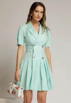 Rochie scurta turcoaz tip sacou cu pliuri pe fusta imagine