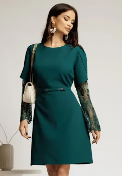 Rochie scurta verde cu maneci din dantela si curea in talie imagine