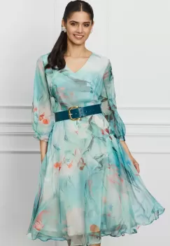 Rochie Simona din voal turcoaz cu imprimeu corai si curea in talie imagine