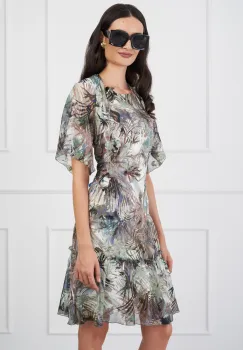 Rochie Simona kaki cu imprimeuri si accesoriu imagine