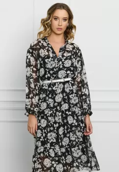 Rochie Simona neagra din voal cu imprimeu si curea in talie imagine