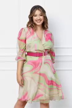 Rochie Sira bej cu imprimeuri fucsia imagine