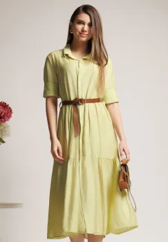 Rochie smart-casual din viscoza galbena tip camasa cu nasturi si curea imagine