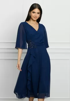 Rochie Sonia bleumarin cu broderie in talie si volan pe fusta imagine