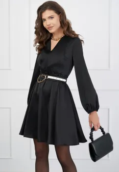 Rochie Sonia neagra din satin cu elastic si curea in talie imagine