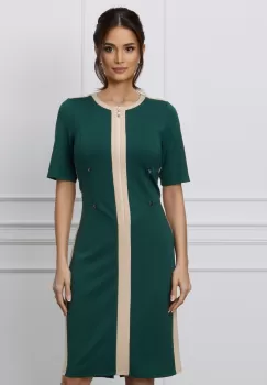 Rochie Sonia verde cu borduri bej si fermoar imagine