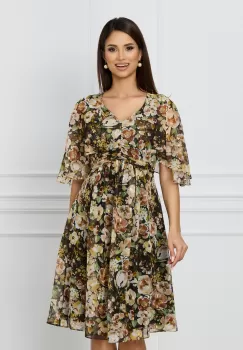 Rochie Sophie neagra cu imprimeu floral maro si verde imagine