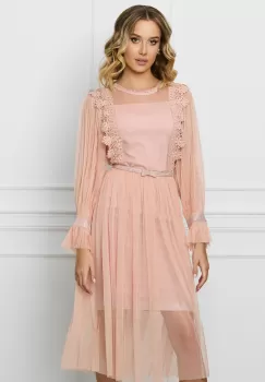 Rochie Sophie roz din tull cu dantela si curea in talie imagine