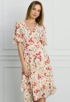 Rochie Sorina alba cu flori rosii si volan pe fusta imagine