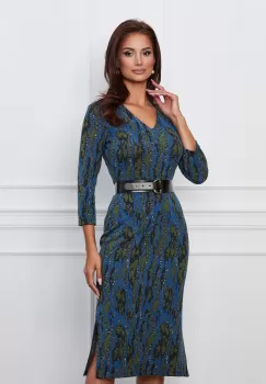 Rochie Sorina albastra cu imprimeuri kaki si curea in talie imagine