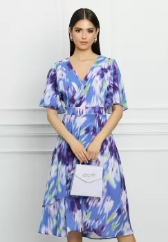 Rochie Sorina albastra cu imprimeuri mov si volan pe fusta imagine