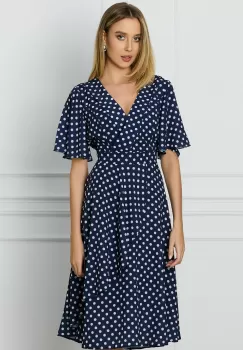 Rochie Sorina bleumarin cu buline albe si volan pe fusta imagine