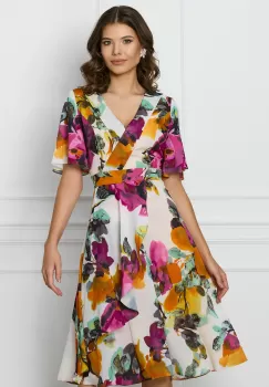 Rochie Sorina ivory cu imprimeuri mov si volan pe fusta imagine