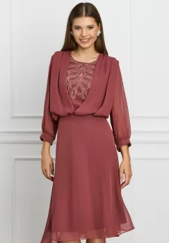 Rochie Sorina maro din voal cu strasuri la bust imagine