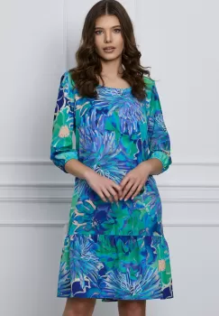 Rochie Sorina turcoaz cu imprimeuri albastre si volan la baza imagine