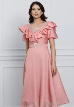 Rochie Suzzie roz cu strasuri si curea in talie imagine