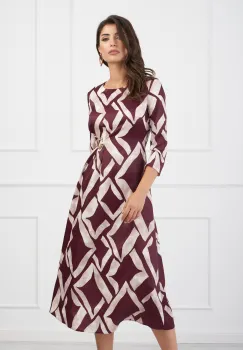 Rochie Tania bordo cu imprimeuri bej si aplicatie in talie imagine