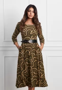 Rochie Tania kaki cu imprimeuri bej si curea in talie imagine