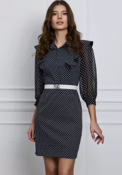 Rochie Teodora bleumarin cu buline si curea in talie imagine