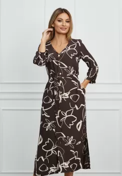 Rochie Teodora maro cu imprimeu alb tip camasa cu cordon in talie imagine