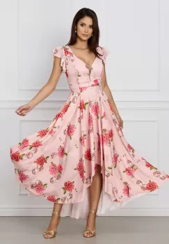 Rochie Teresa lunga roz cu imprimeu floral si cordon in talie imagine
