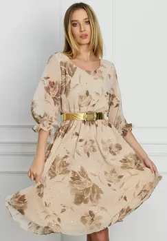 Rochie Valeria bej cu imprimeu maro si curea in talie imagine