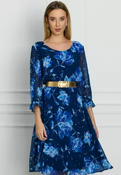 Rochie Valeria bleumarin cu imprimeu albastru si curea in talie imagine