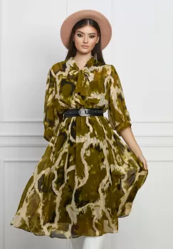 Rochie Valeria kaki cu imprimeuri ivory si curea in talie imagine
