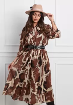 Rochie Valeria maro cu imprimeuri ivory si curea in talie imagine