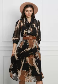 Rochie Valeria neagra cu imprimeuri maro si curea in talie imagine