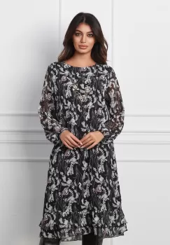 Rochie Valeria neagra cu imprimeuri si accesoriu imagine