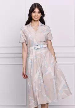 Rochie Vania bej cu imprimeuri bleu si curea in talie imagine