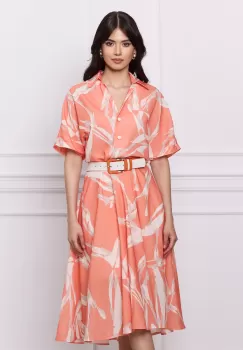 Rochie Vania corai cu imprimeuri bej si curea in talie imagine