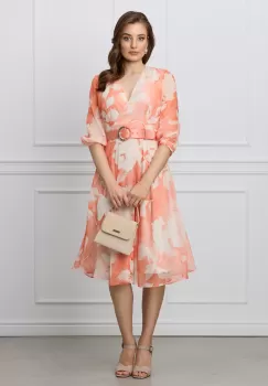 Rochie Vera orange din voal cu imprimeuri ivory si curea in talie imagine
