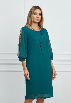 Rochie Violeta verde cu buline catifelate pe maneci imagine