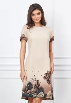 Rochie Viviana bej cu imprimeuri florale maro imagine