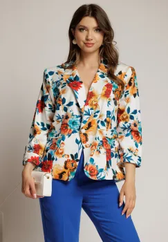 Sacou dama alb cu imprimeu floral albastru rosu imagine