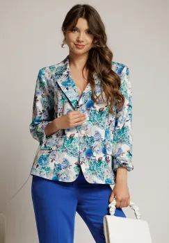 Sacou dama alb cu imprimeu floral turcoaz imagine