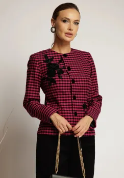 Sacou dama in carouri fucsia cu aplicatie florala din catifea si paiete imagine