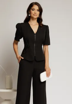 Sacou dama negru cu fermoar si aplicatie forala imagine