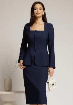 Sacou DY Fashion bleumarin cambrat cu peplum si inchidere cu nasturi imagine