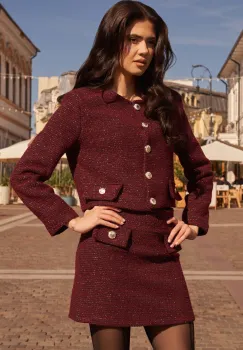 Sacou Mara bordo scurt din tweed cu insertii din fir lurex imagine