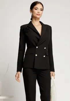 Sacou negru din stofa cu croi cambrat si floare pe bust imagine